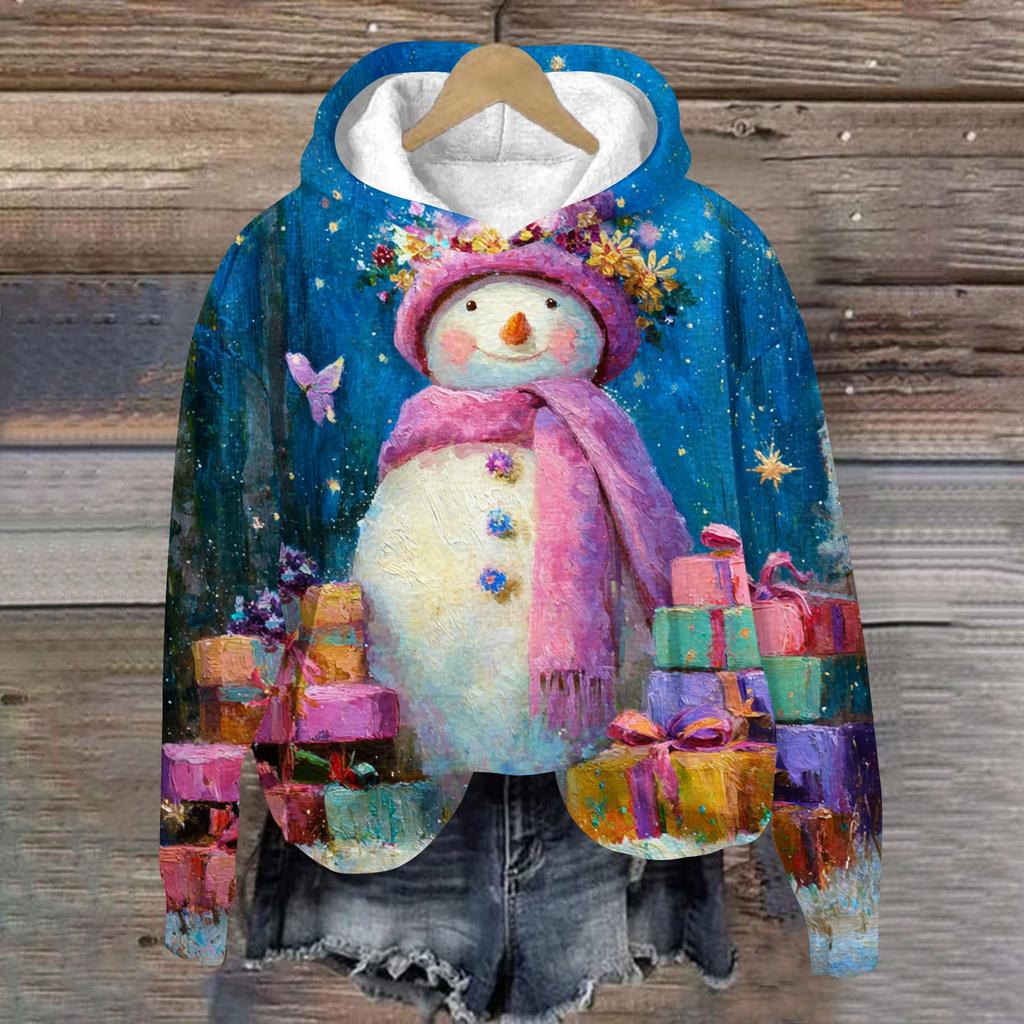 Women's Fashion Long Sleeve Christmas Print Loose Hooded Sweatshirt Top