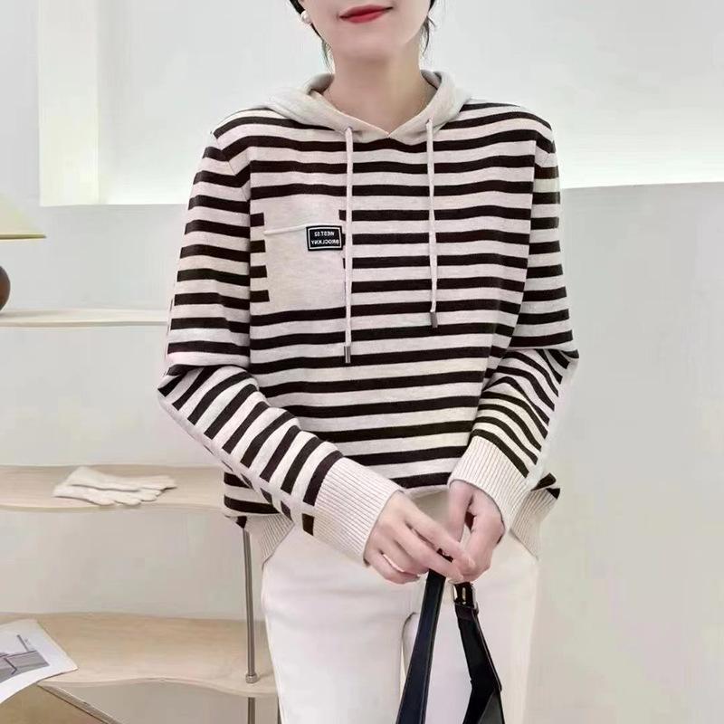 Striped Color-blocked Hooded Knit Sweater Women's Age-reducing Sweater Jacket Fall Pullover Knit Sweatshirt Women