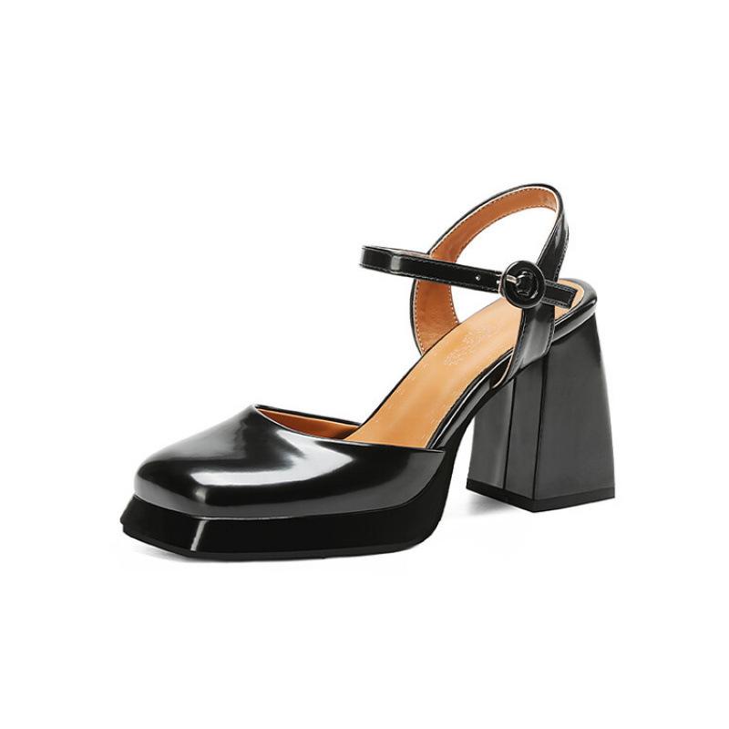 New Square Head Roman Sandals Summer Women's High-heeled Sandals Patent Leather Large-size Shoes Casual Women's Shoes Thick-soled Waterproof Table