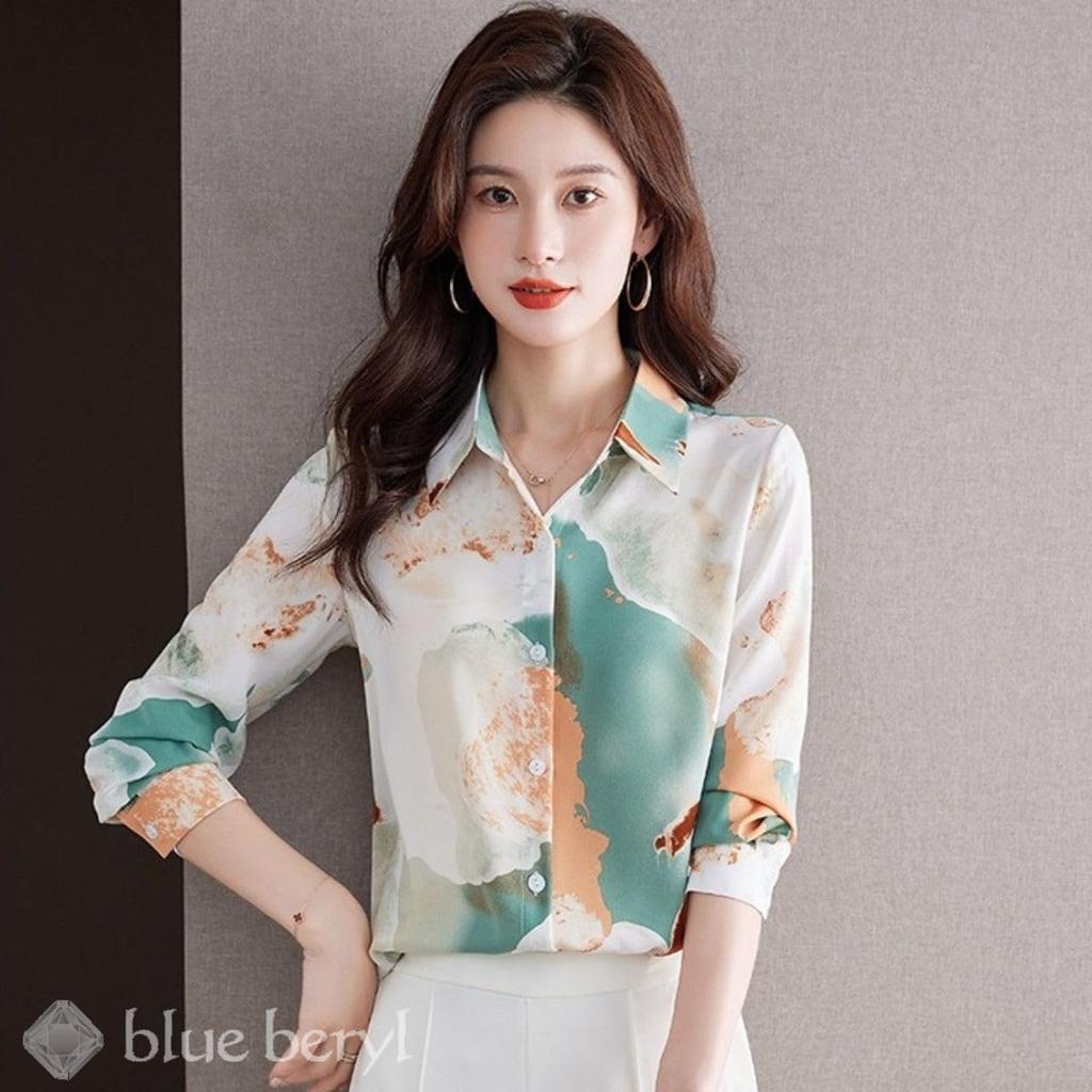 Blue Beryl Watercolor Print Soft Long Perfect for Popular Women's Shirt, Fabric, Sleeve, Spring/Autumn, Elegant, Feminine, Flattering, Commuting,