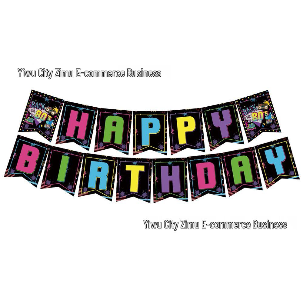 80s Themed Birthday Party Decorations: Cartoon Balloons, Cake Toppers, and Banners.