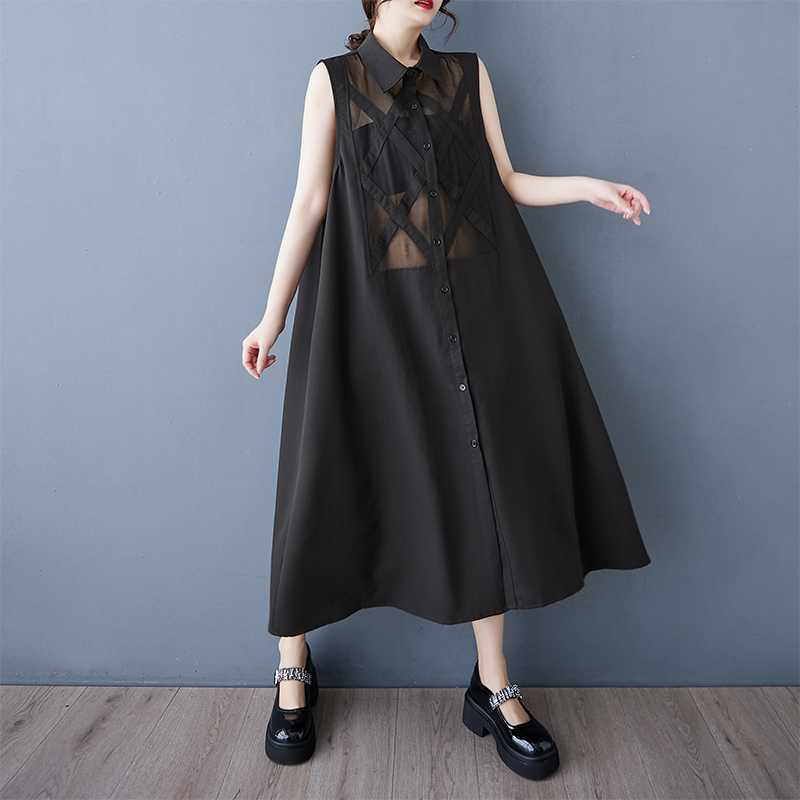 Spring and Autumn New Loose Large Size Mesh Stitching Casual Simple Sweet Sleeved Shirt Dress