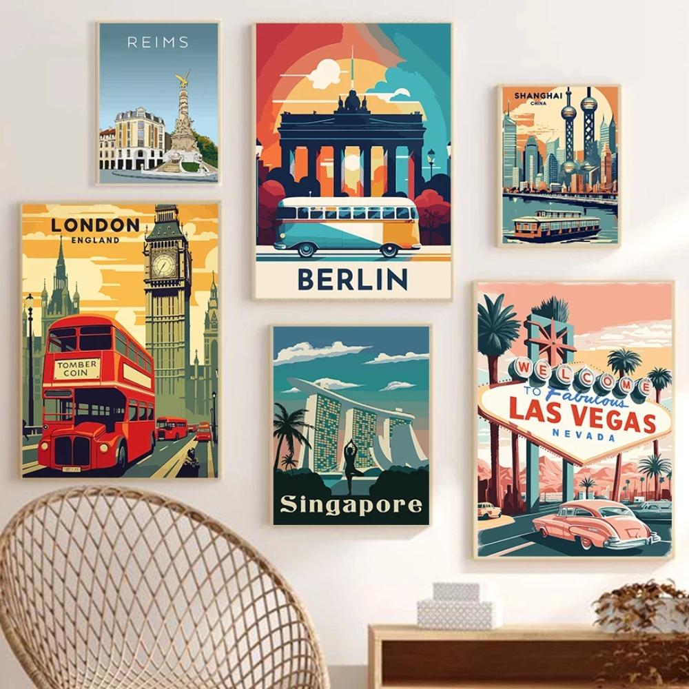 Retro Vibrant Cityscape Street Scene Posters London Double Decker Bus Prints Canvas Painting Wall Art Pictures Home Room Decor