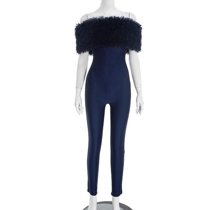 

Y25JP469 European One-Shoulder Fur Collar Slim Jumpsuit – Trendy Women s Sleeveless Patchwork Design Small