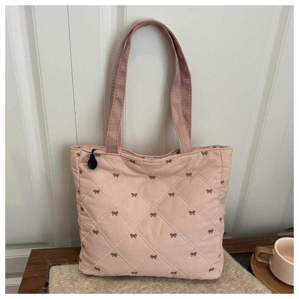 Casual Large Capacity Quilted Tote Bag Solid Color Argyle Pattern Shoulder Bag Bow Embroidery Lightweight Handbag
