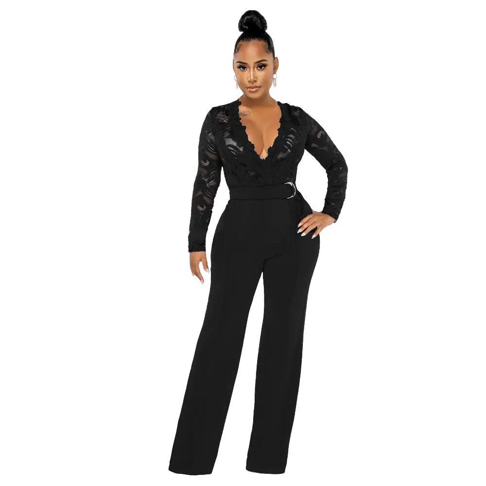 Elegant V-Neck Lace Slim Fit See-Through Jumpsuit