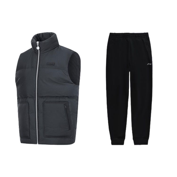 

Li Ning однотонный жилет с воротником-стойкой, эластичные манжеты, флисовые спортивные брюки, повседневный спортивный костюм, мужской костюм, черный AMRT013-1+AKLSC99-1 S
