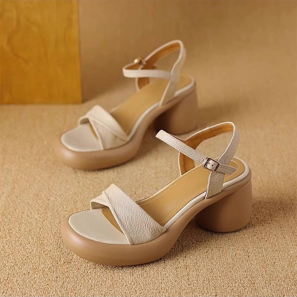 

Женские кожаные босоножки на тонком каблуке с открытым носком, модные корейские летние туфли на высоком каблуке, амортизирующая подошва, удобные в носке 40 бежевый