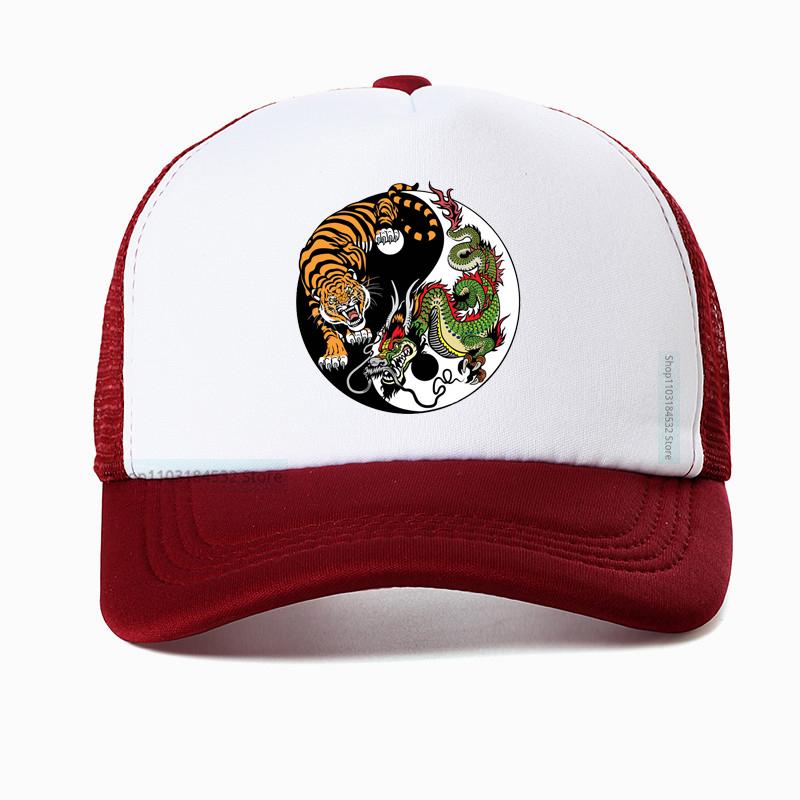 Chinese Dragon And Tiger Tattoo Print Mesh Baseball Cap Summer Adjustable Breathable Trucker Hat Fashion Casual Sun Hats