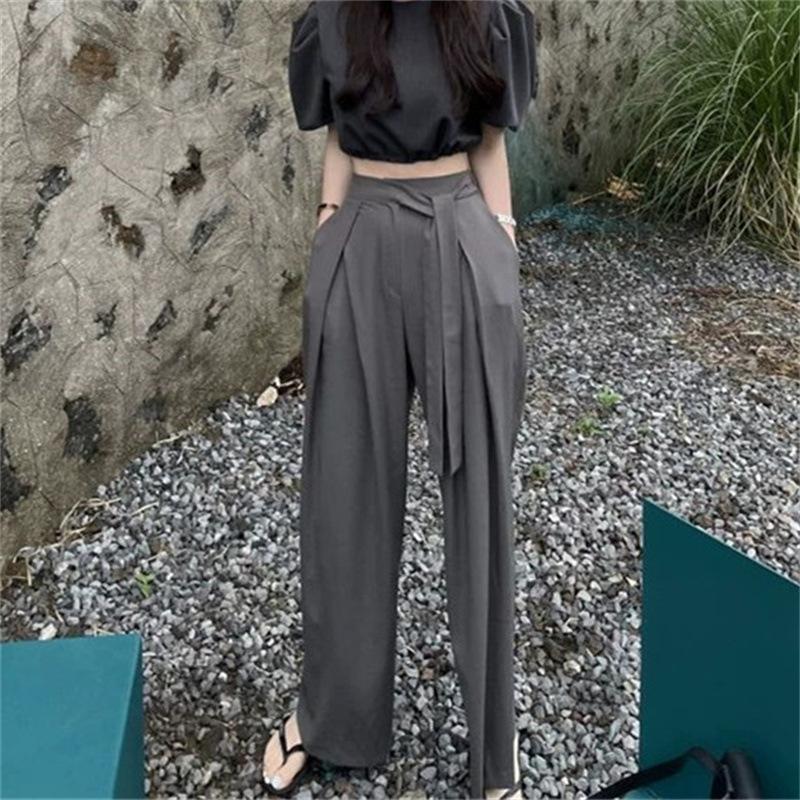Women's Gray Wide Leg Pants with Belt and Pleated Detail