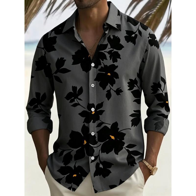 Herrenbluse mit Blumenprint, langen Ärmeln und Kragen für Urlaub und Freizeit, Strandreise-Trend, Herrenbekleidung