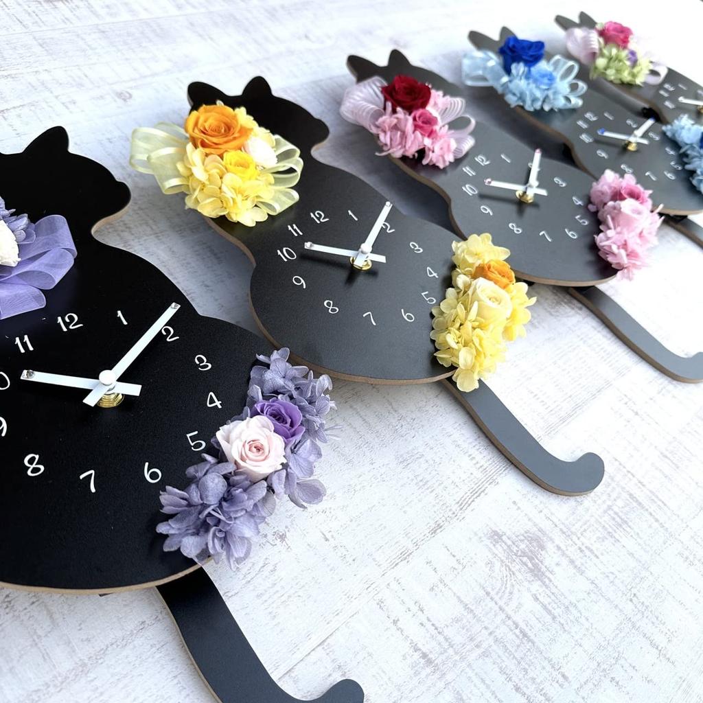 Kuroneko Flower Pendulum Wall Cat Preserved W172 X D45 X Lulu's Clock, Purple, Clock, Design, Flowers, Size H400mm, Purple, Lulu's-0660