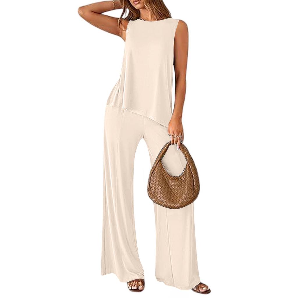 Women's 2-Piece Fashionable Casual Loose Fit Sleeveless Asymmetrical Split Hem Tank Top And Wide Leg Pants Activewear Set