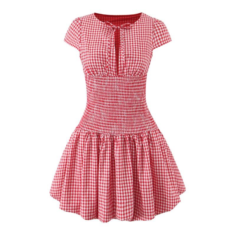 Autumn new women s clothing European and American style French waist strap plaid bud short splicing dress S