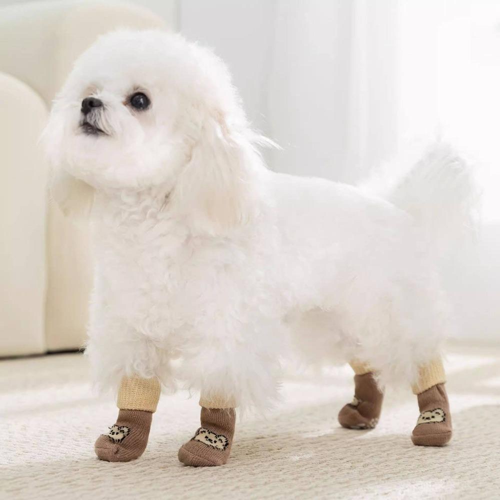 4pcs/set Elastic Pet Anti-slip Socks Cartoon Pattern Dog Paw Protectors Pet Footwear  Autumn Winter