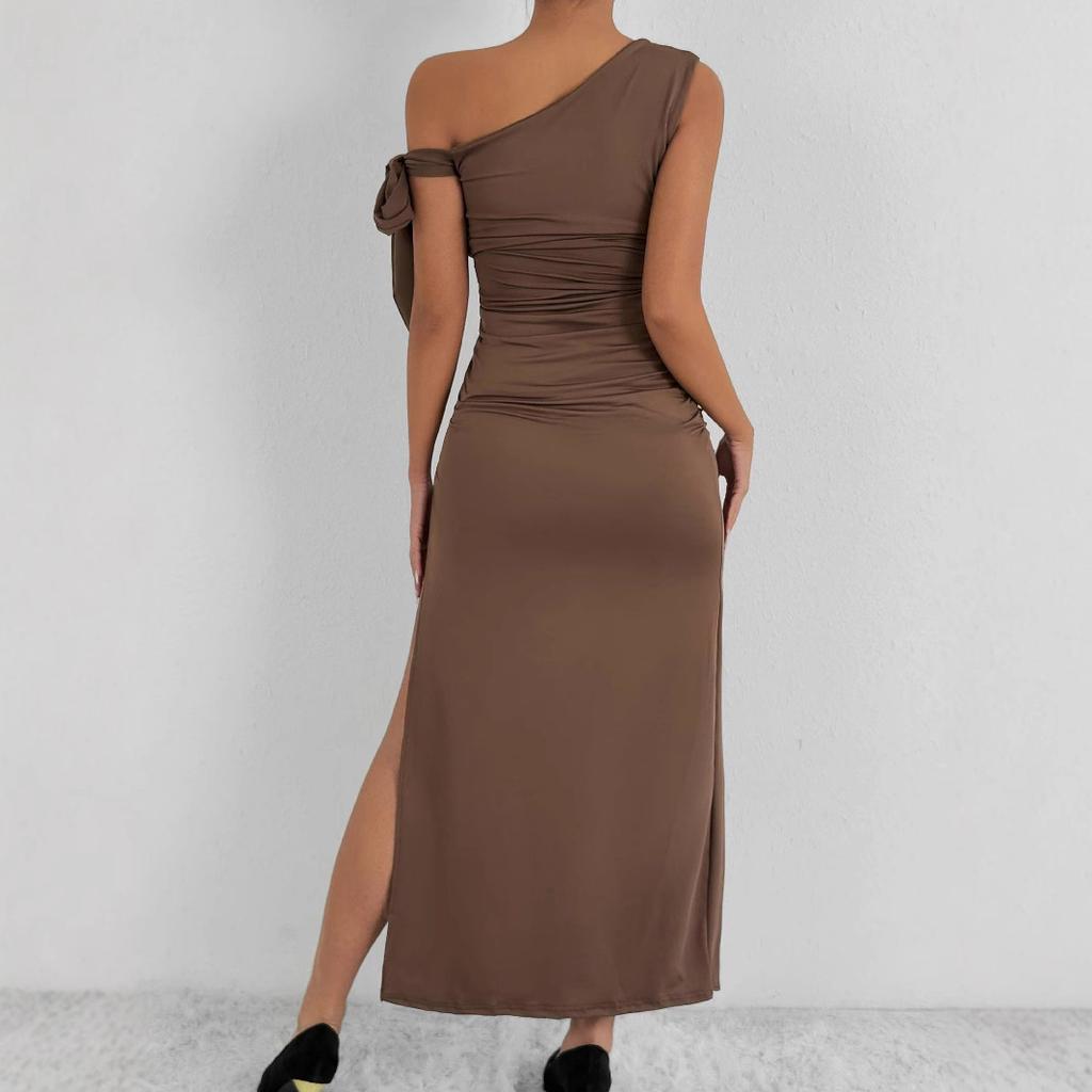 Summer Sexy Nightclub Fashion Sloping Shoulders Sleeveless Irregular Evening Dress Women Slit Bodycon Vestidos