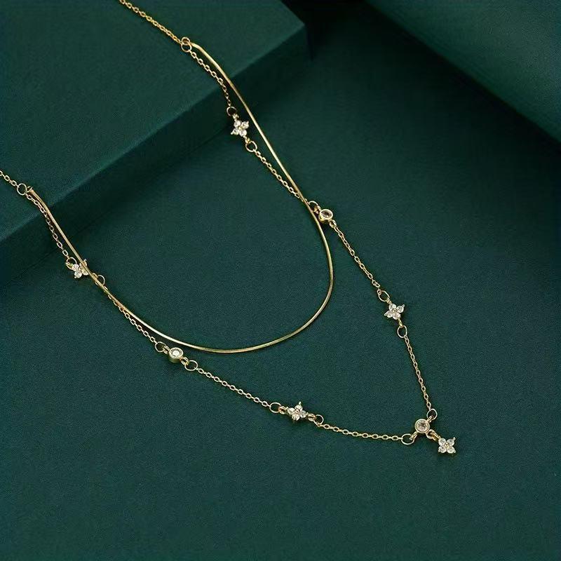Zircon Four-Leaf Flower Jewelry Set: Necklace, Earrings, Bracelet & Ring - Trendy Style Clavicle Chain