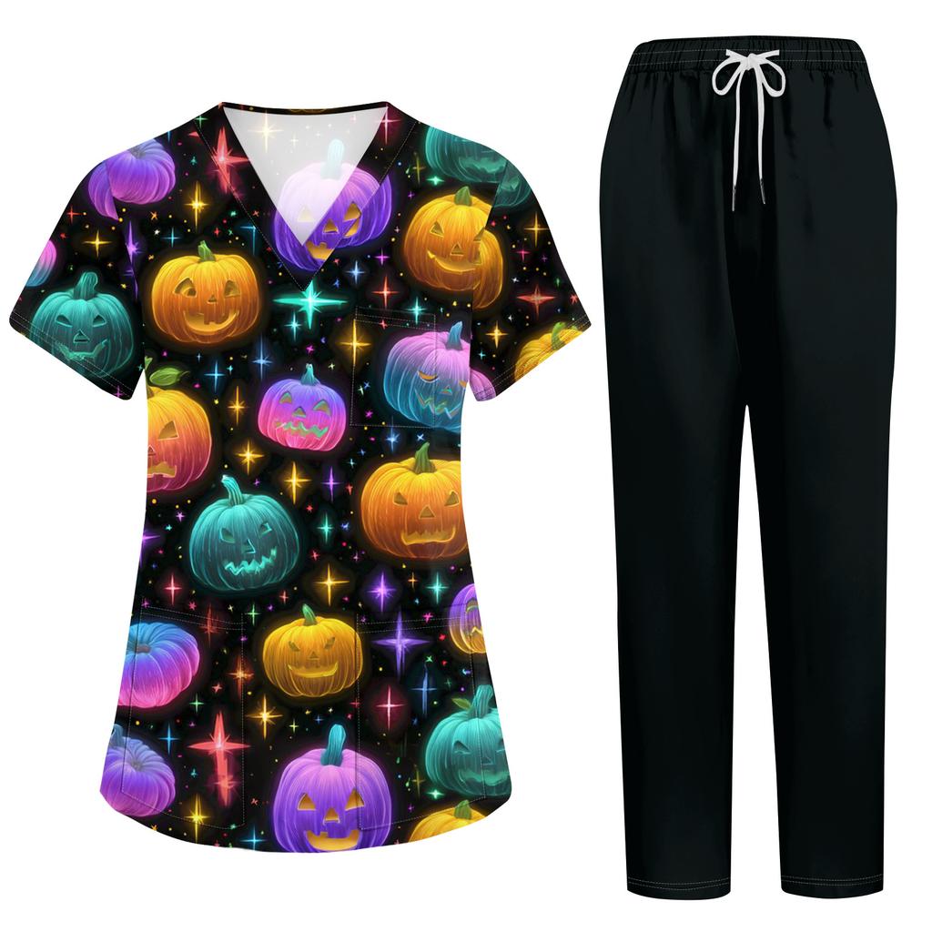 Women's Costume Set Short Sleeve Halloween Print Top and Pants with Pockets 2 Piece Work Uniform