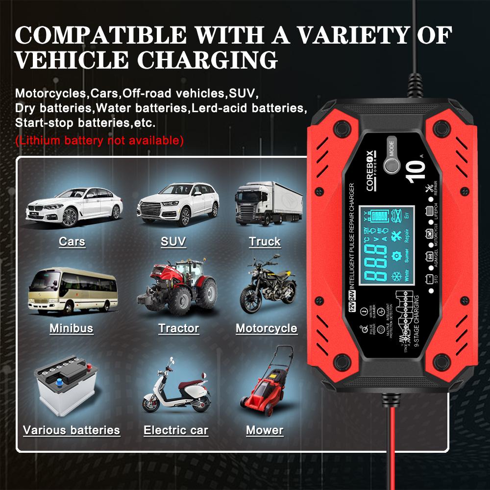 LCD Display Car and Motorcycle Battery Charging Devices Intelligent Maintenance of Lead Acid Battery 12V 10A AGM Automotive Battery Charger