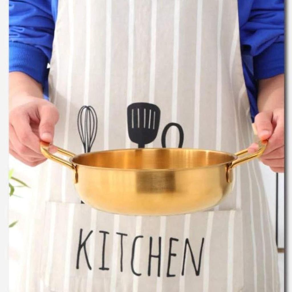 Ramen Pot, Stainless Steel Gold Noodles Pot with Double Handle for Pasta Soup, Korean Cooking Pot for Home Kitchen (Inner diameter 18cm)