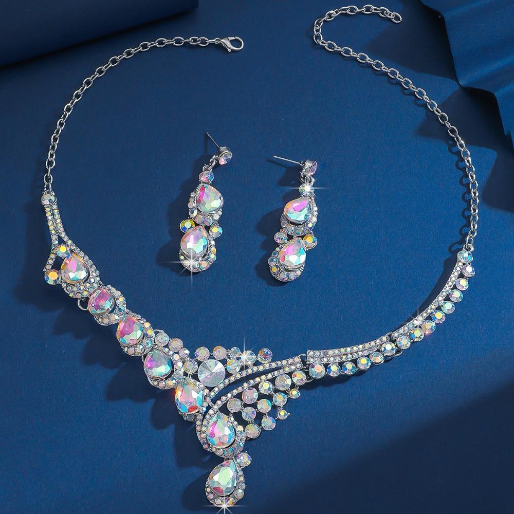 Farbenfrohes Strass-Kristall-Halsketten-Ohrring-Set Damen Ballkleid-Accessoires