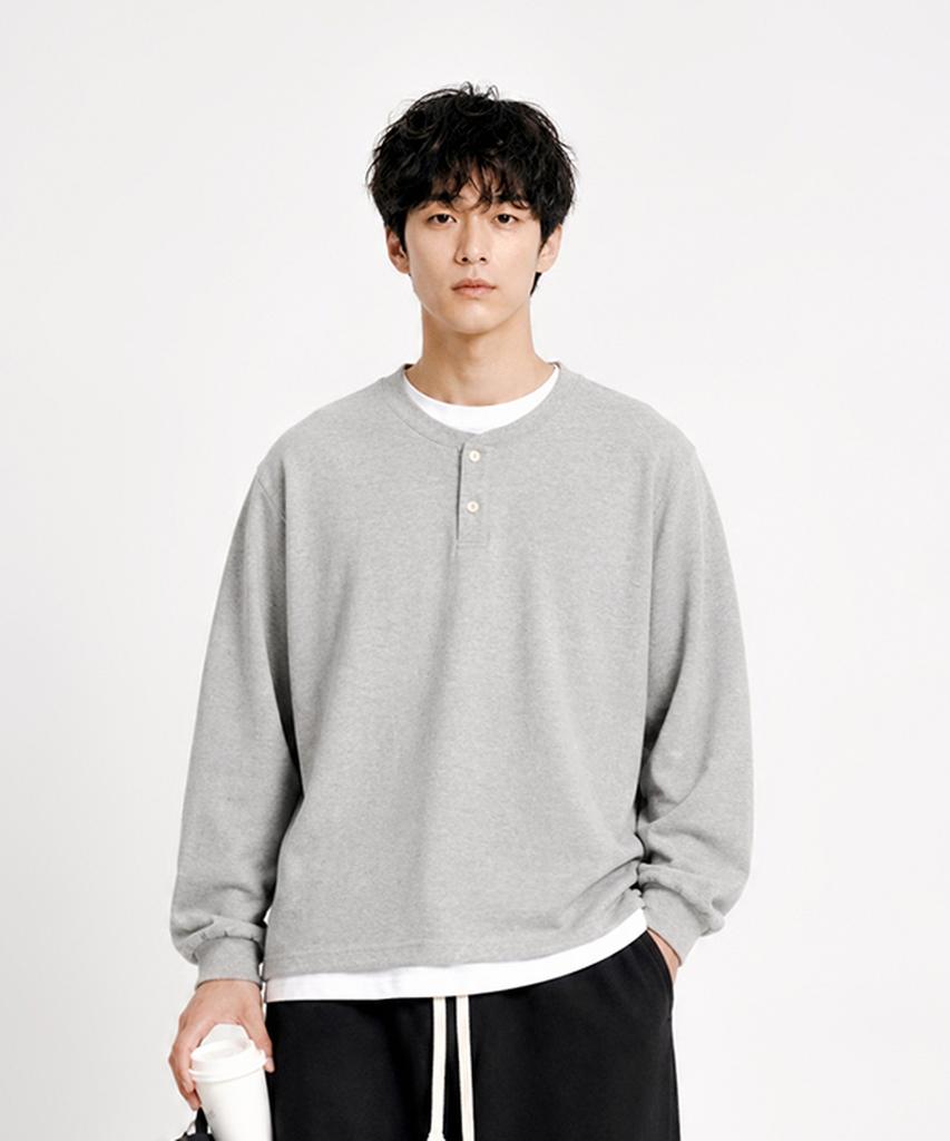 FP142 Double Cotton Henley Neck Long Sleeve T-Shirt Gray Mmlt1595