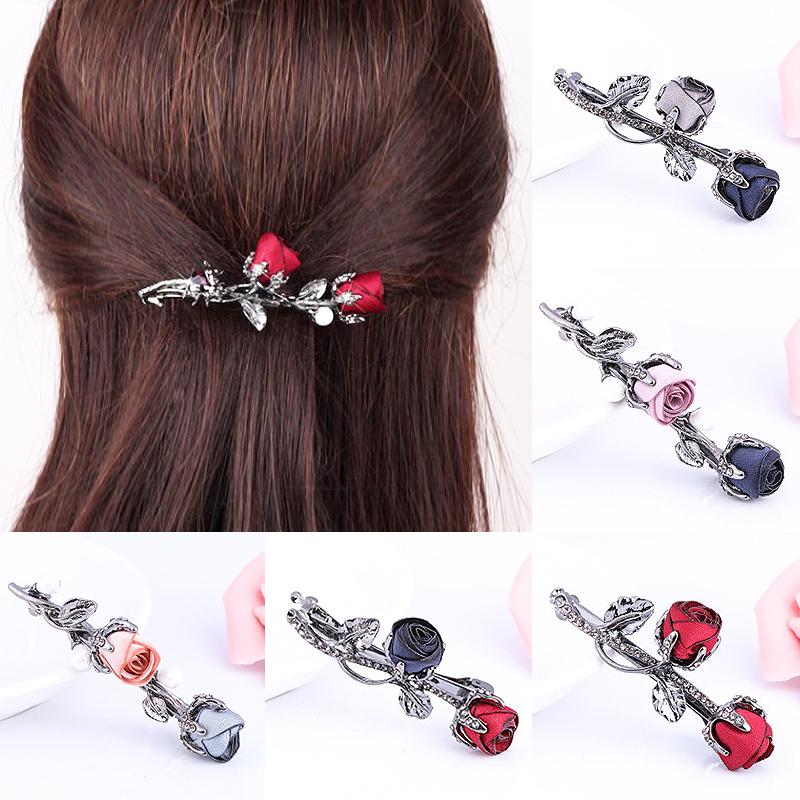 Rhinestone Leaves Barrettes Women Rose Flower Crystal Graceful Ponytail Holder Hair Accessories Hair Clip Female  Jewelry