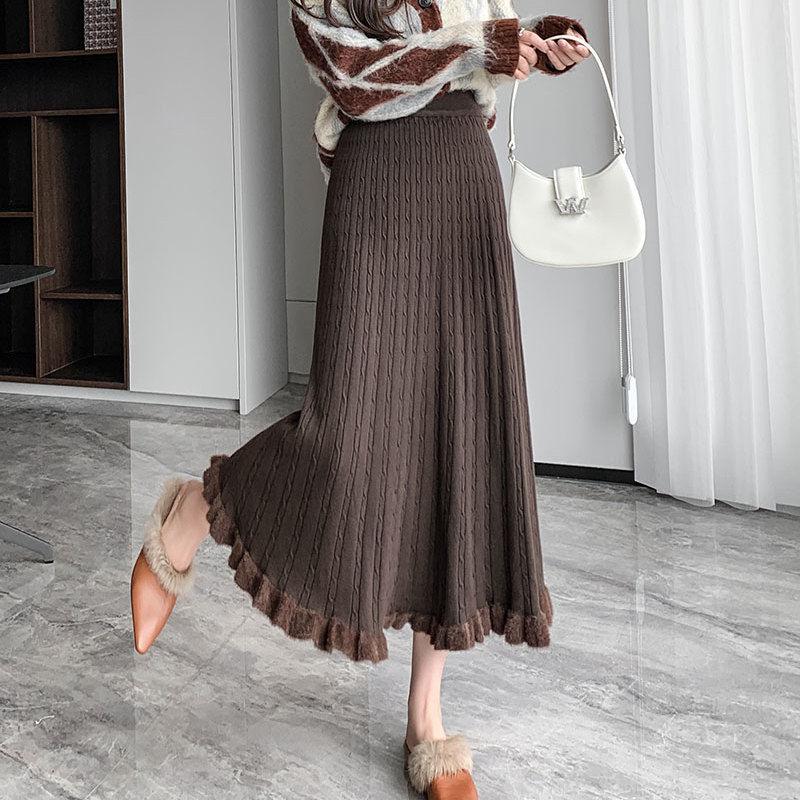 Umbrella A-Line Women's Autumn Winter Knitted Midi Half Skirt Slim-Fit High Waist Wool Skirt
