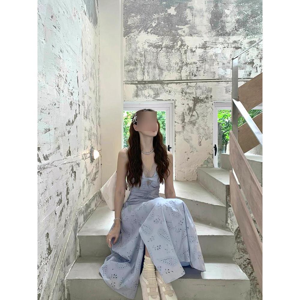 Beautiful waist pinch dress women's summer high sense summer blue sleeveless temperament lace splicing hollow dress