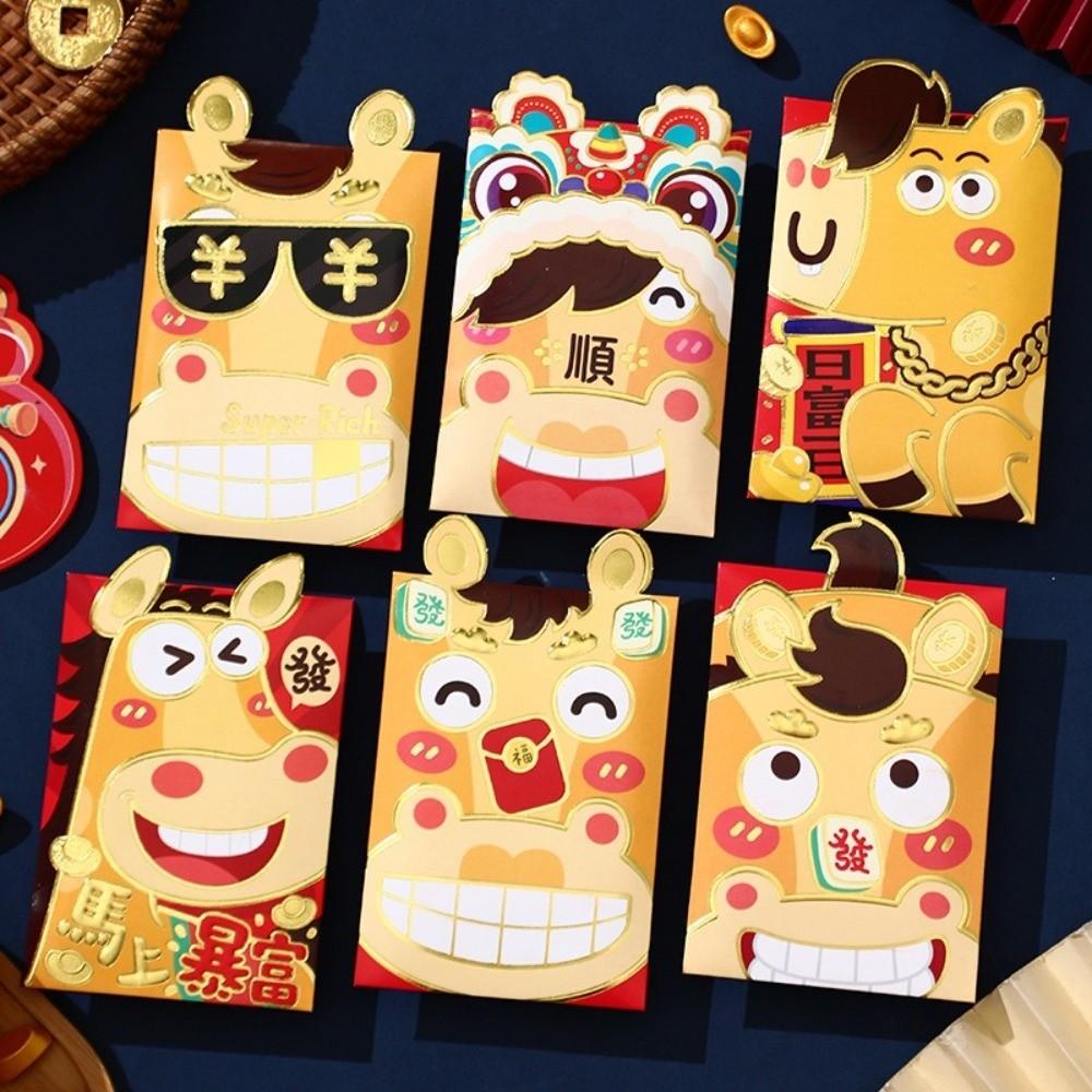 6pcs Red Color Chinese Red Envelopes Cartoon Cartoon Red Packets New Year Red Hongbao  Birthday Gift