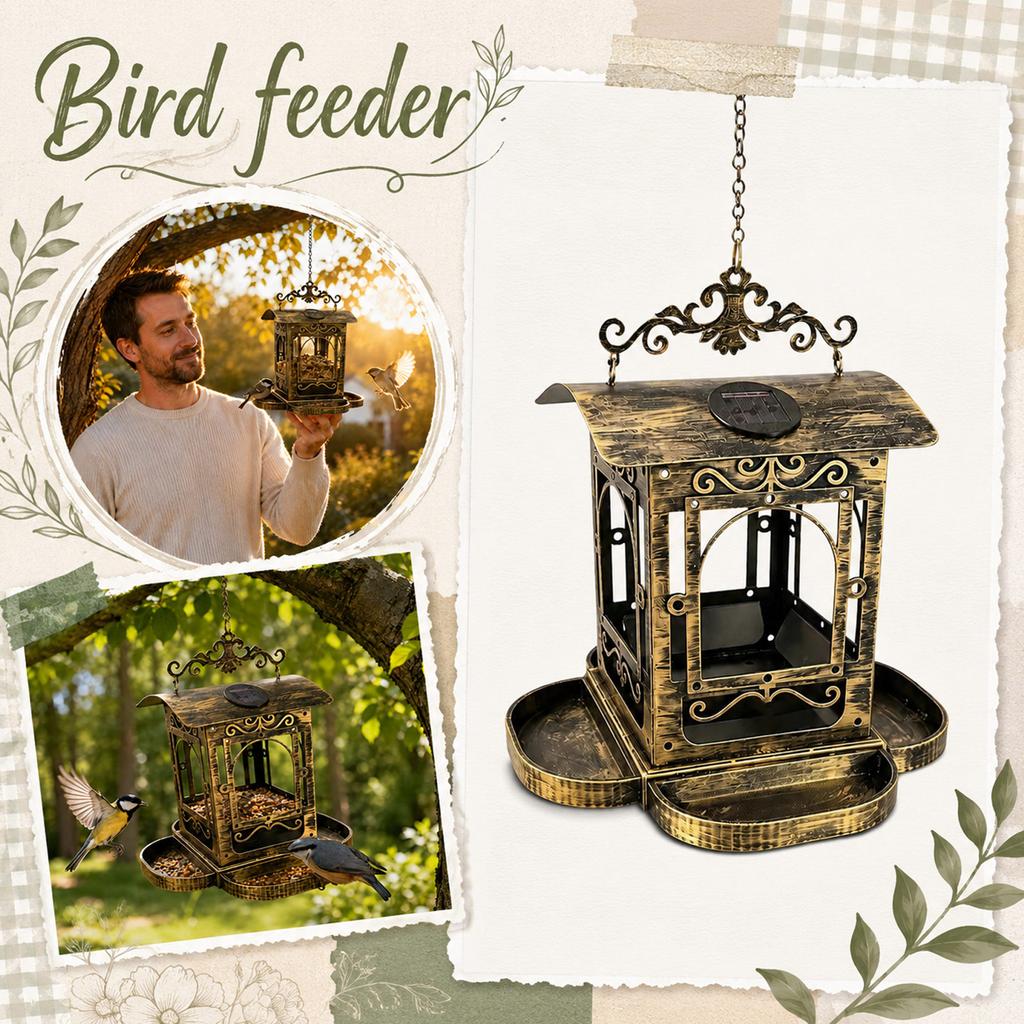 Vintage Metal Hanging Bird Feeder Outdoor Decorative Pavilion Design with Large Seed Tray for Garden Yard Patio Balcony