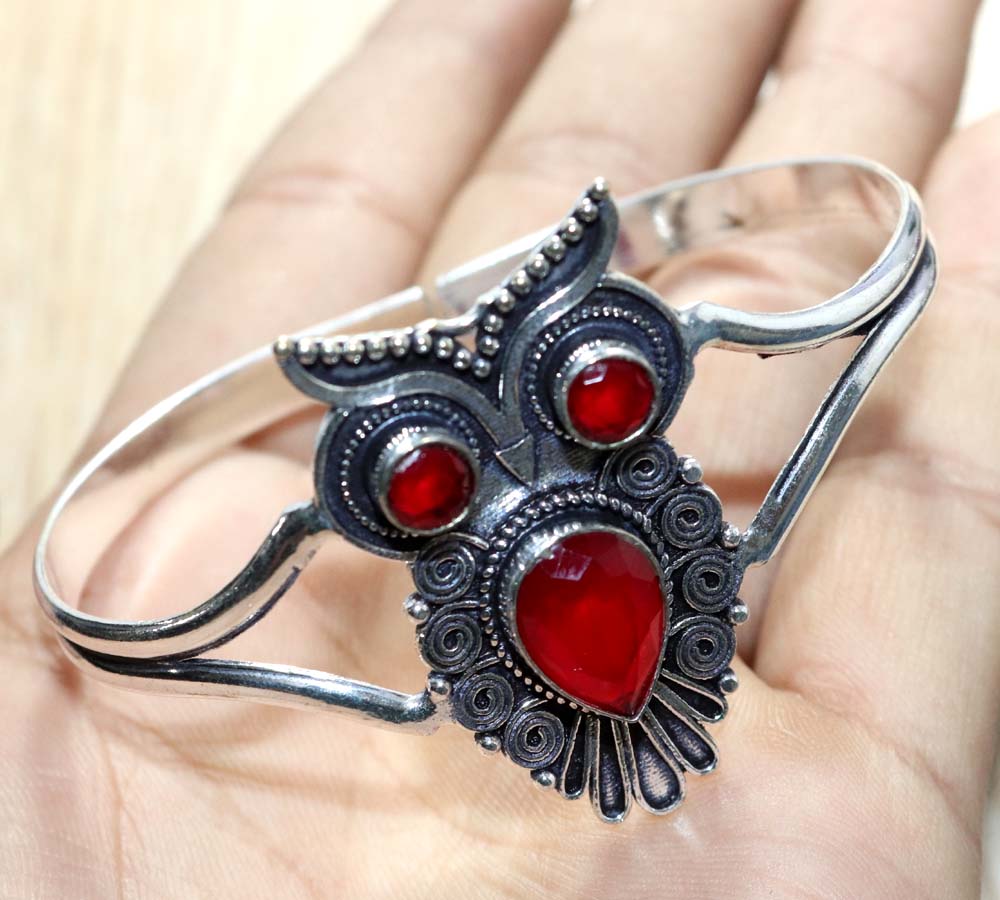 Owl Red Onyx 925 Silver Plated Bangle 7" Daily Wear Jewelry Most Beautiful k0K26