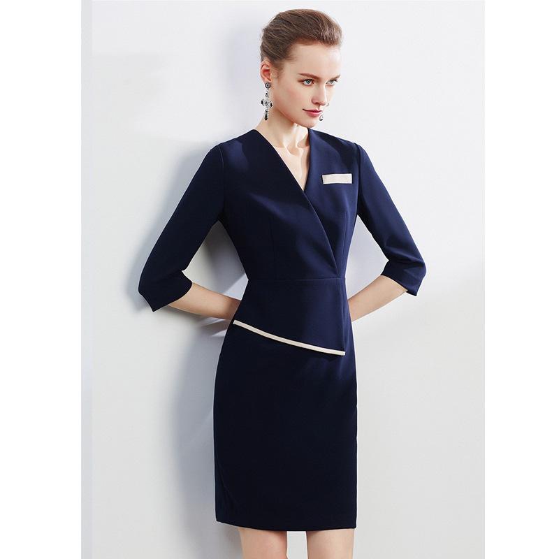 Formal Pleated V-Neck Slim Dress for Beauty Salon Receptionist
