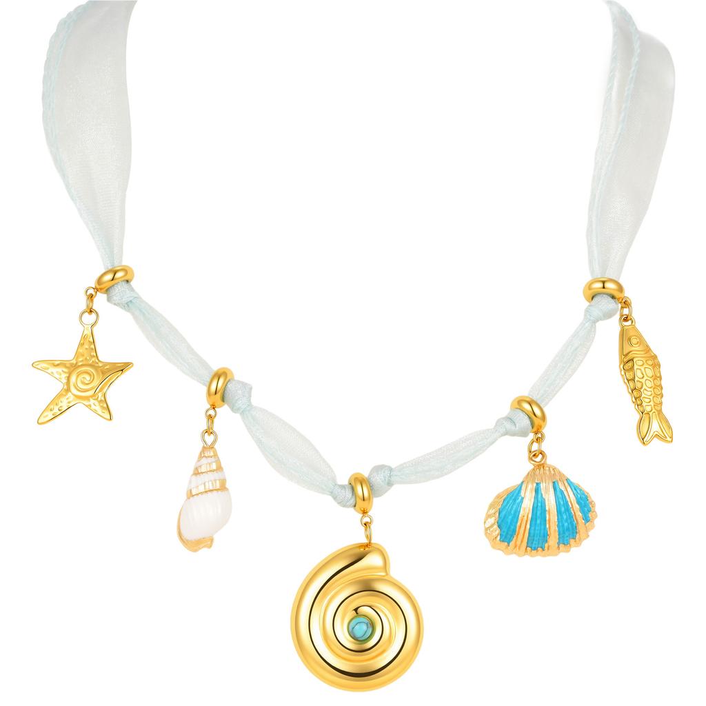 Fashion Bohemian Vacation Ocean Element Pendant Green Ribbon Necklace Women'S Stainless Steel 2653