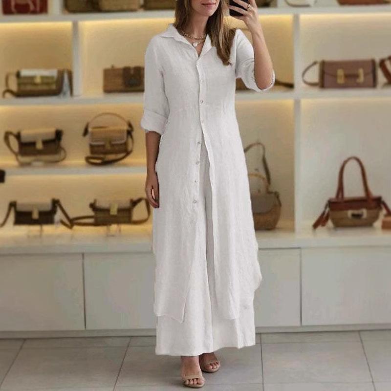 2025 European and American women's clothing new summer and autumn urban elegance cotton and linen slim waist long-sleeved shirt wide-leg pants suit
