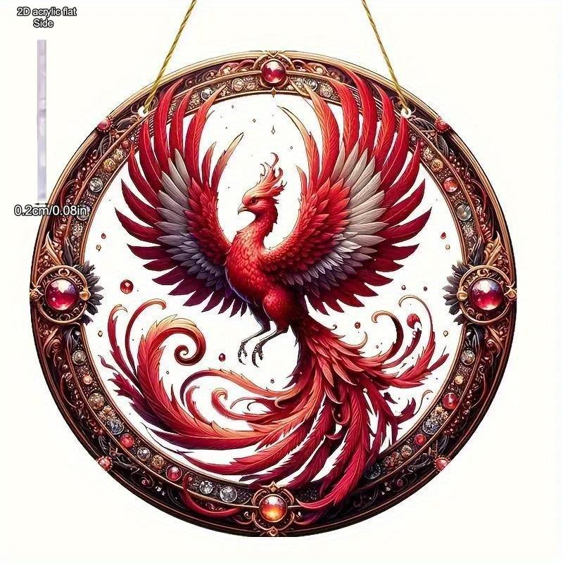 Suncatcher Fenice di Natale in Acrilico Vintage, Appeso Rotondo in Acrilico 2D, Decorazione Finestra Stile Vetro Colorato per Giardino e Cortile in Stile Farmhouse