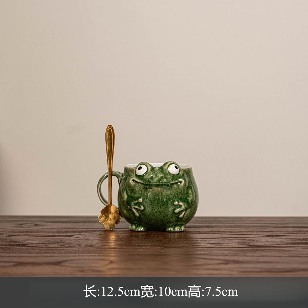 Keramický hrnek s žábou a lžičkou Roztomilý hrnek na kávu Dárková sada pro kancelář Domácí použití Vintage styl Dekorace na pití