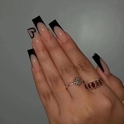 Süße, coole, lange künstliche Ballettnägel, schwarze, französische, einfache Liebes-Ballettnägel, Valentinstags-Nägel, 24 Stück