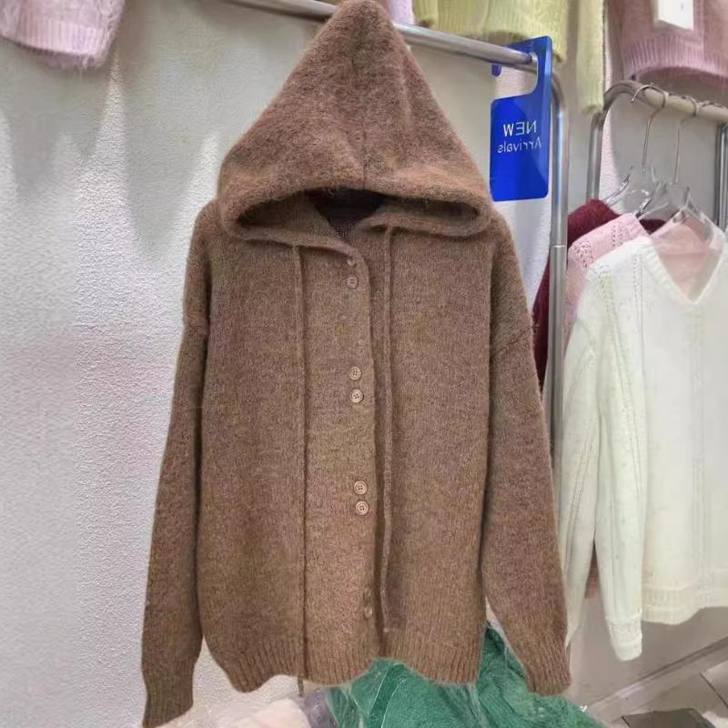 Loose Lazy Wind Solid Color Hooded Sweater Jacket Women's Autumn and Winter New Versatile Knitted Cardigan