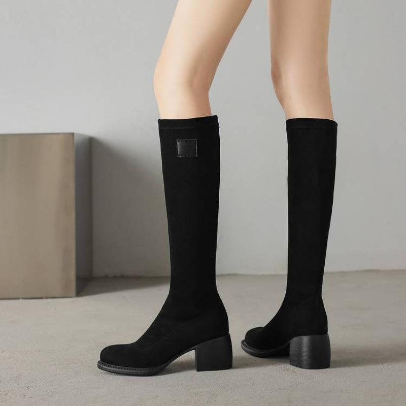 Korean version of large size elastic suede tall boots comfortable solid color rubber sole medium heel autumn and winter round head square heel