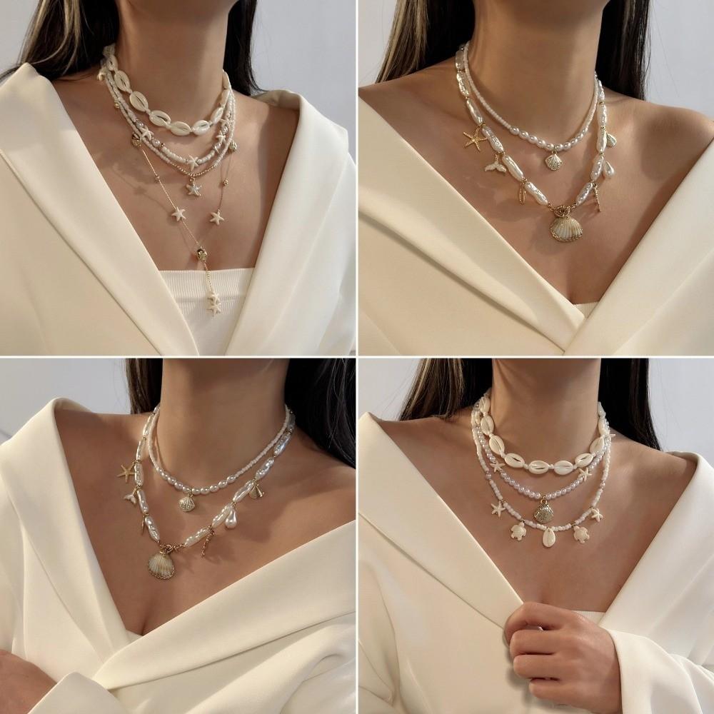 Multi-layer Starfish Pendant Necklace Ocean Style Imitation Pearl Shell Conch Necklace Bohemian Clavicle Chain Summer Beach