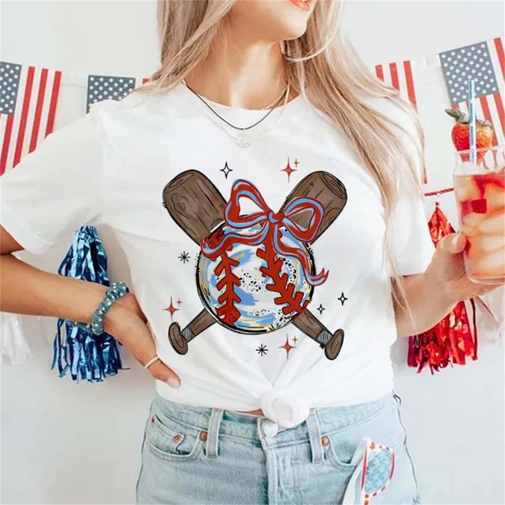 Short Sleeved T-Shirt 90s Basic Clothing Style Baseball Pattern Women's Summer Print Simple and Fashionable O-Neck T-Shirt