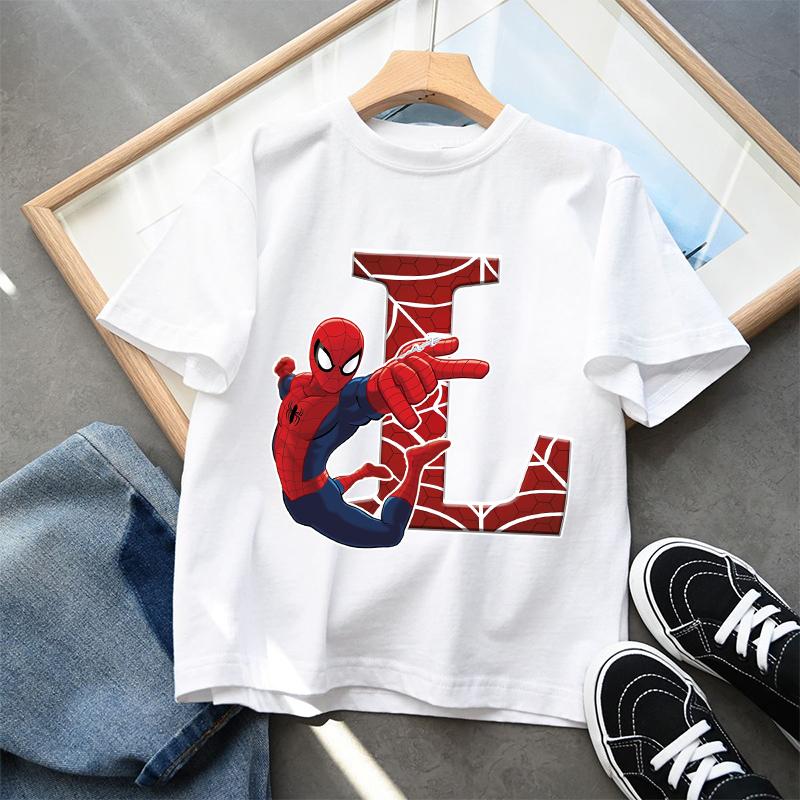 2026 New Childrens Spider Unisex Cartoon Letter Printed Tshirt Cotton Tshirt Boys Short Sleeved Top Childrens Clothing