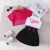 Girls Fashion Suit Pink Grid Short Sleeve Top + White Vest + Black Pleated Skirt