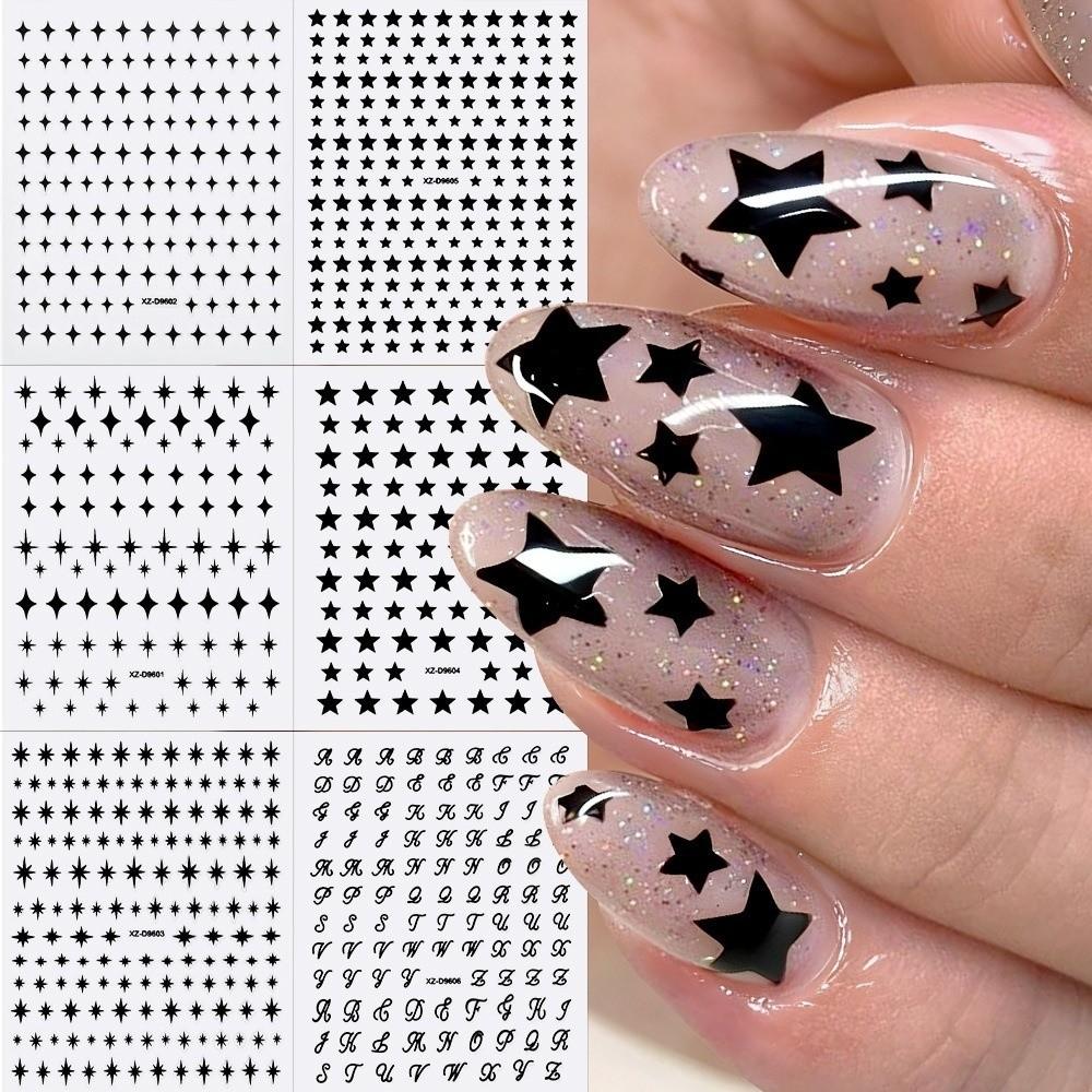 6Pcs Y2K Irregular Star Manicure Decals Gold Silver Color Letters Nail Decorations Nail Supplies