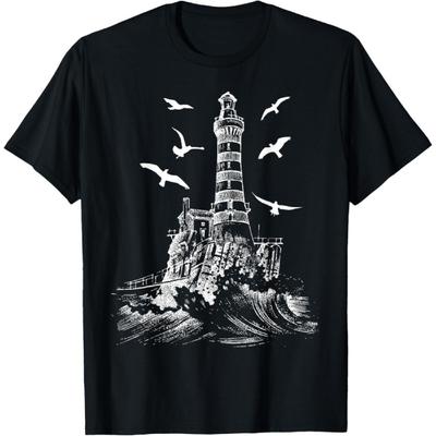 Seagull Silhouette Illustrated Lighthouse Image Gift T-Shirt