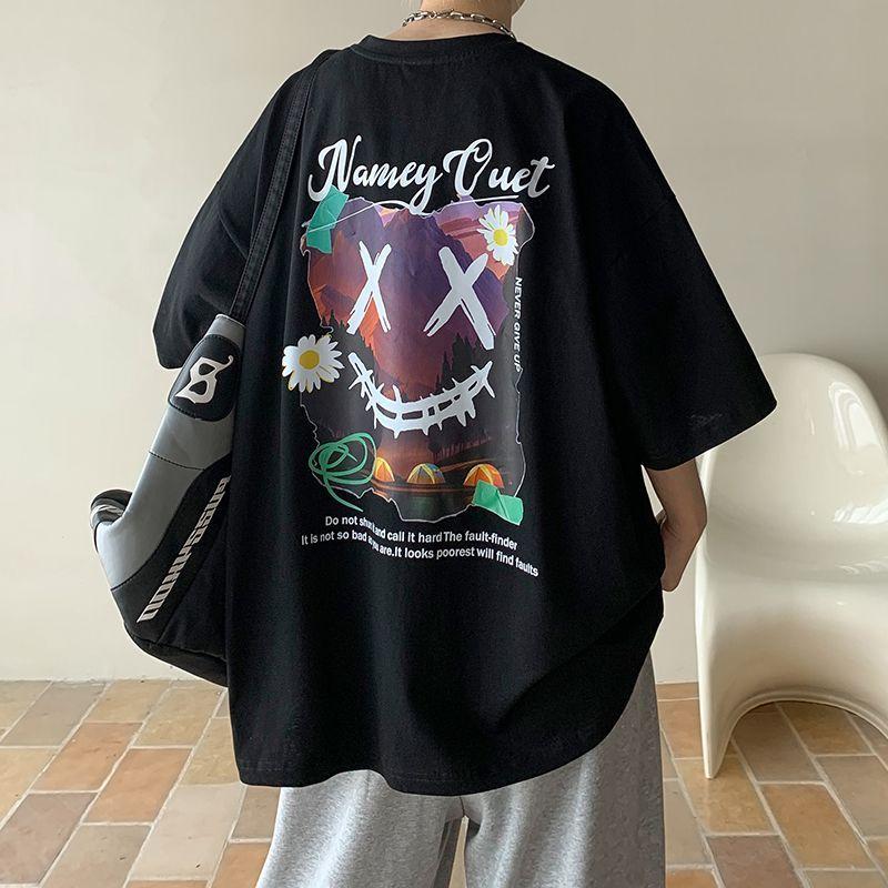 Youthful Vitality American Printed T-shirts Men's Clothing Casual Round Neck Summer Vintage Chic Loose Short Sleeve Pullovers