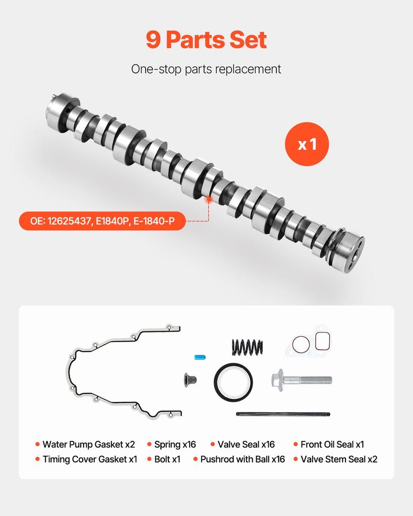 VEVOR Camshaft Kit, 9-Piece Set, Includes Timing Gasket, Pushrods Springs & Seals, Compatible with 1999-2013 GM Gen3/4 Norris Trucks, Fits LS1