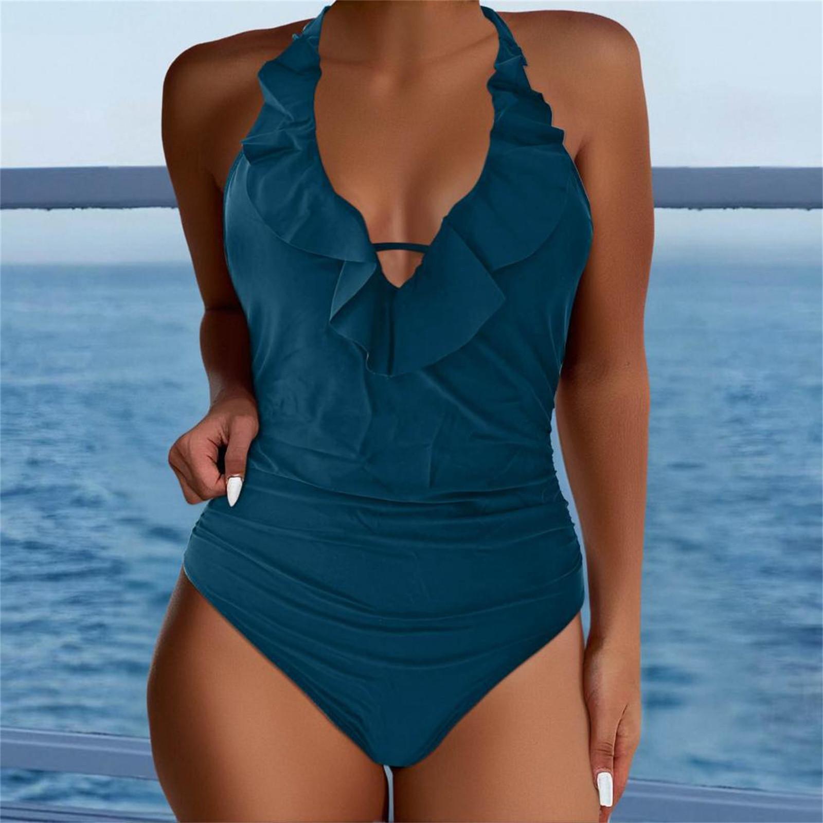 Women s Ruffled One-Piece Swimsuit Elegant Red Swimwear with Tummy Control and Adjustable Straps L