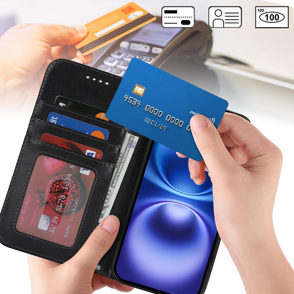 For iPhone 16 Stand Case Textured Leather Wallet Phone Cover with Strap